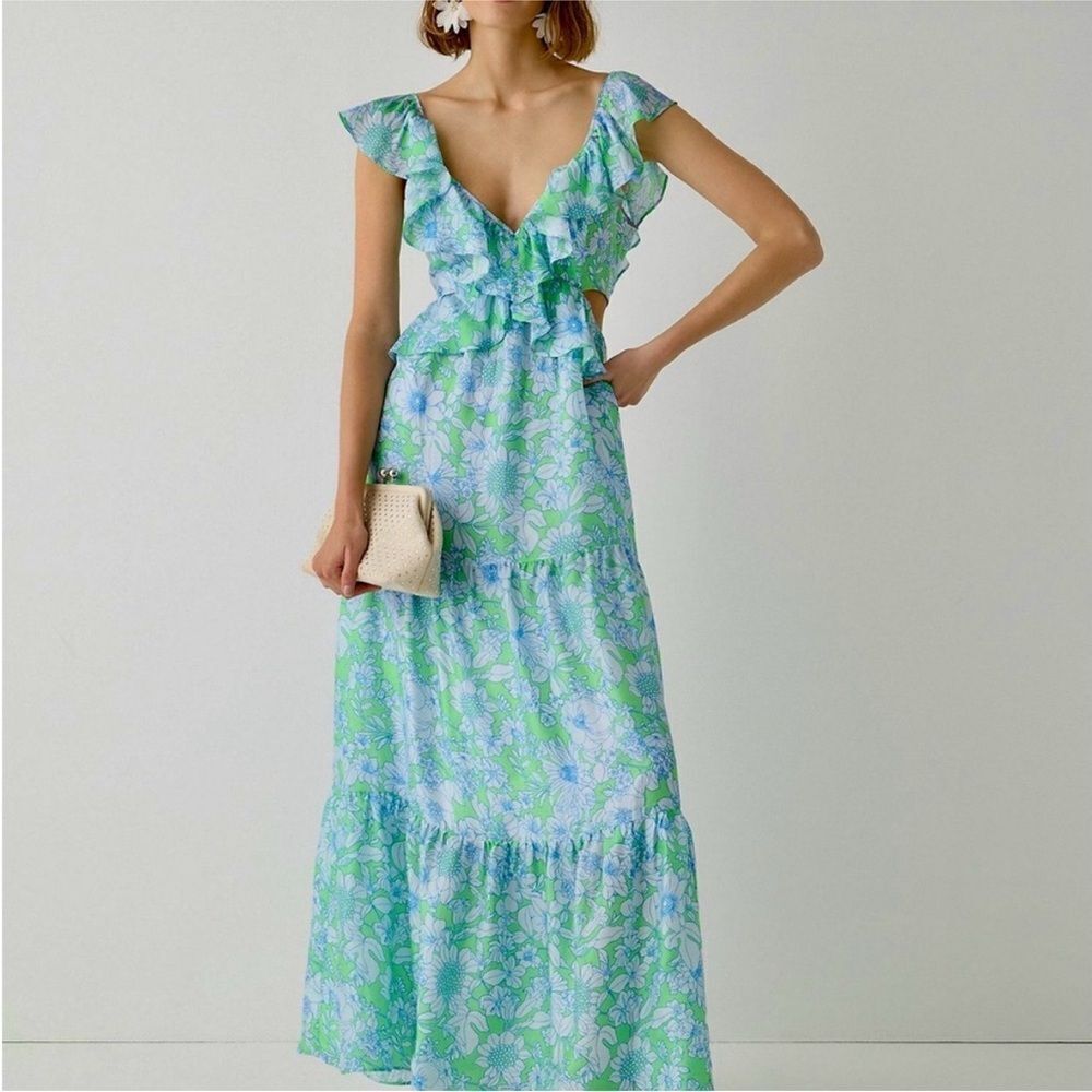 J. Crew Collection Green Floral Ruffle Maxi Dress | Size 16